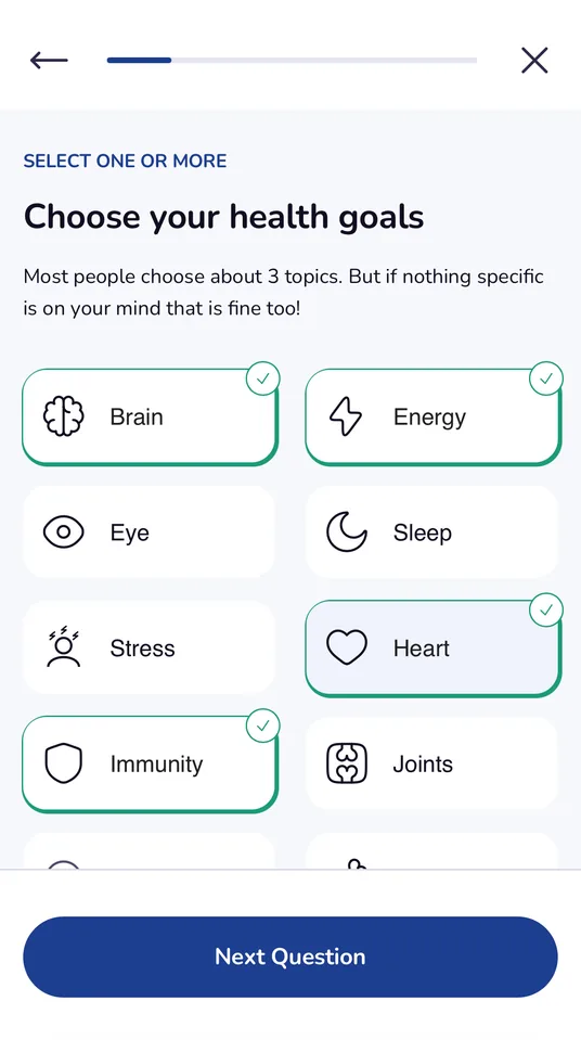 Choosing health goals in the VitaRx quiz