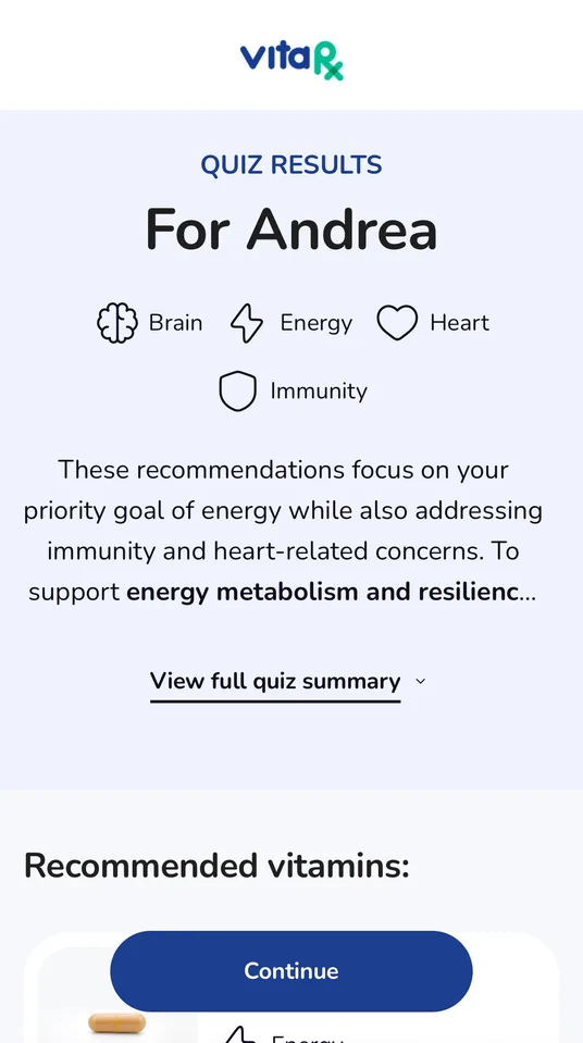 Personalized recommendations from the VitaRx quiz