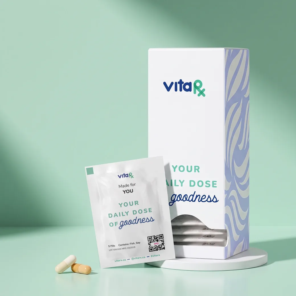 A VitaRx box of 28 personalized daily packs